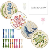 INFUNLY 4 Sets Embroidery Kit for Beginners with Sea Animals Pattern DIY Embroidery Kit for Adults Ocean Embroidery Art Kit Turtles/Seahorses/Octopuses/Whales Cross Stitch Kit with Embroidery Hoops