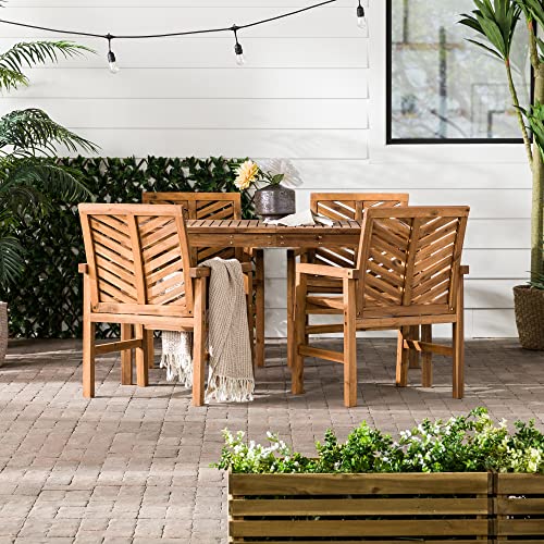 Walker Edison 4 Person Outdoor Wood Chevron Patio Furniture Dining Set Table Chairs All Weather Backyard Conversation Garden Poolside Balcony, 5 Piece, Brown Walker Edison