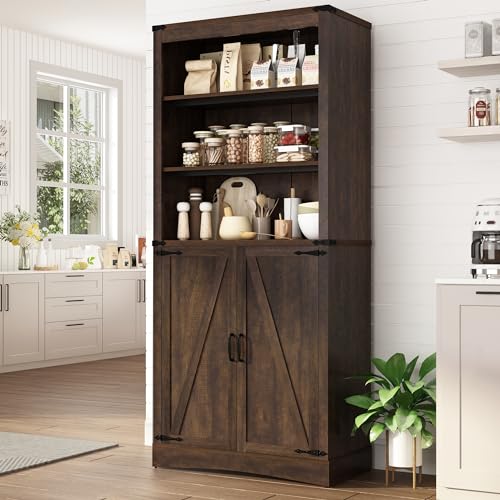 Tall Farmhouse Kitchen Pantry Cabinet with Adjustable Shelves and Barn Doors - Hlivelood 71" Brown Storage Solution - WoodArtSupply