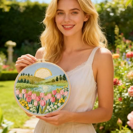 BEUNITONE Spring Landscape Embroidery Kit for Beginners, 6PC Needlepoint Kits with Hoops, Instructions, Threads, Needles, DIY Home Decor Craft for Adults, Creative Hand Embroidery Patterns for Gifts BEUNITONE