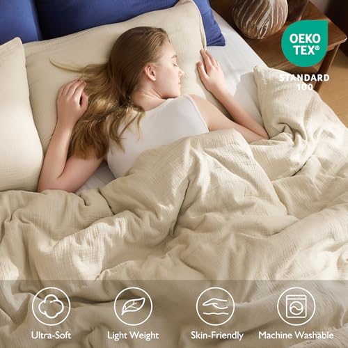 EMME Muslin Cotton Duvet Cover Set Light Tan King Size Linen Like Soft Breathable Lightweight Summer Comforter Cover Set with Zipper Closure (Light Tan, King, 104"x90") EMME