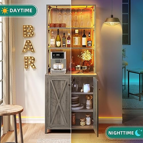 YITAHOME Bar Cabinets for Liquor, 67" Tall Wine Bar Cabinet with LED Lights, Glass Holder ＆ Adjustable Shelves, Rustic Kitchen Cabinet Coffee Bar for Kitchen, Dining Room, Rustic Grey Wash - WoodArtSupply