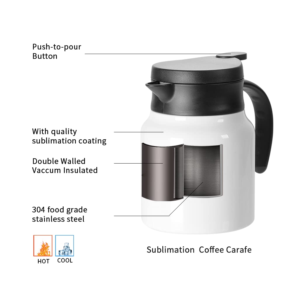 PYD Life Thermal Carafe Sublimation Blanks Coffee Pot 32 OZ White Large 1 Liter Stainless Steel Double Wall Vacuum Insulated Flask for Sublimation Oven Print 2 Pack PYD Life