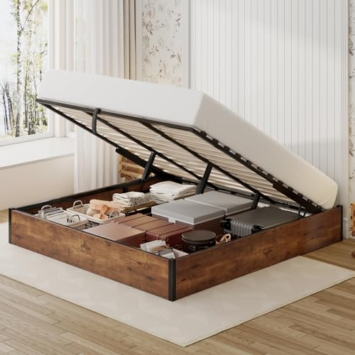 LUXOAK Queen Size Lift Up Storage Platform Bed Frame, Metal Bed Frame with Wooden Slats Support, No Box Spring Needed, Large Storage Space, Noise Free, Easy Assembly, Rustic Brown LUXOAK