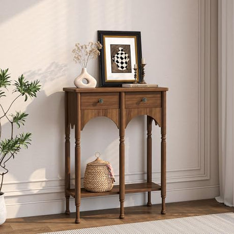 Topbele Console Table with 2 Drawers & Shelf, 28" Mid-Century Modern Entryway Table, Retro 2-Tier Sofa Table, Wooden Accent Table for Living Room, Hallway, Brown Topbele