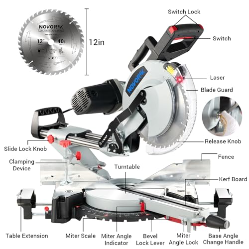 NOVORIK 12" Double Bevel Compound Sliding Miter Saw, Double-Bevel Corded Miter Saw with Laser Guide & 15-Amp Heavy-Duty Motor, Sliding Miter Saw with TCT Saw Blade for Woodworking novorik