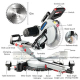 NOVORIK 12" Double Bevel Compound Sliding Miter Saw, Double-Bevel Corded Miter Saw with Laser Guide & 15-Amp Heavy-Duty Motor, Sliding Miter Saw with TCT Saw Blade for Woodworking novorik