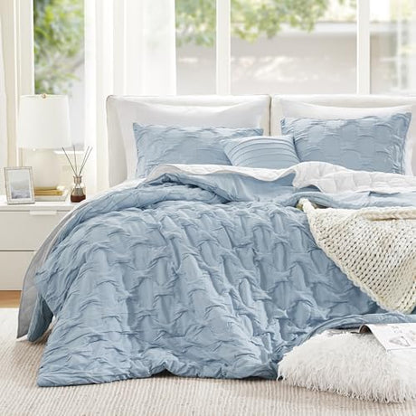 Comfort Spaces Comforter for King Size Bed, Ogee Ruched with Crinkle Texture, Breathable Comforter Set King, All Season Lightweight Bedding Set, Shams, Décor Pilow, King/Cal King Blue 4 Piece Comfort Spaces