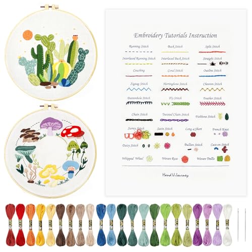 HAND U JOURNEY Basic Embroidery Stitch Kit – 28 Stitch Techniques with Mushroom Embroidery Set, Beginner-Friendly DIY Craft Kit for Adults