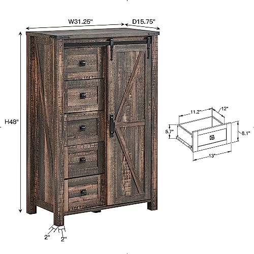 T4TREAM 5 Drawers Dresser for Bedroom w/Sliding Barn Door, Farmhouse Modern Tall Dresser 5 Chest of Drawers, Storage Organizer Dresser for Bedroom, Hallway, Living Room, Kids Room, Dark Rustic Oak T4TREAM