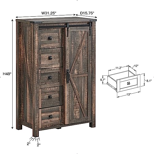 T4TREAM 5 Drawers Dresser for Bedroom w/Sliding Barn Door, Farmhouse Modern Tall Dresser 5 Chest of Drawers, Storage Organizer Dresser for Bedroom, Hallway, Living Room, Kids Room, Dark Rusti - WoodArtSupply