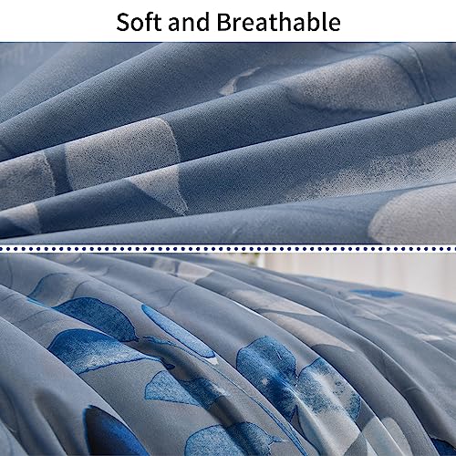 DJY Blue Comforter Set Queen, Navy Botanical Leaves Comforter for Queen Bed 3 Pieces Reversible Floral Bed Comforter Sets Soft Microfiber Bedding Set for All Season (90"x90") DJY