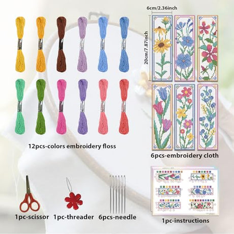 ORIGACH 6 Pcs Flower Cross Stitch Bookmark Kit for Beginner with Backing Felt Floss Instruction Sunflowers Tulip DIY Stamped Embroidery Bookmark Kit for Starter Adults Book Lovers ORIGACH
