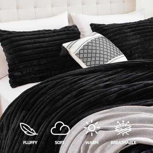 Smoofy Fluffy King Size Comforter Set 3 Pieces - Black Fleece Fluffy Comforter Set, Luxury Fuzzy King Bedding Set, Soft King Bed Set All Season, Heavy Faux Fur Comforter with 2 Pillow Cases Smoofy