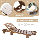 Acacia Wood Outdoor Patio Chaise Lounge Chair, All Weather Reclining Chairs Lounge Chairs with Adjustable Reclining Backrest and Cushions for Terrace, Poolside, Garden, and Beach (Beige-1.26)