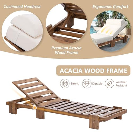 Acacia Wood Outdoor Patio Chaise Lounge Chair, All Weather Reclining Chairs Lounge Chairs with Adjustable Reclining Backrest and Cushions for Terrace, Poolside, Garden, and Beach (Beige-1.26) VilroCaz