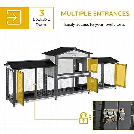 PawHut 90.5" Wooden Rabbit Hutch Bunny Cage Pet Playpen House Enclosure with Double Side Run Boxes, No Leak Tray, Ramp, for Guinea Pig and Small Animals, Light Gray PawHut