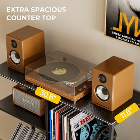 Record Player Stand with LED Light, Turntable Stand with Vinyl Storage - Up to 300+ Albums, 3-Tier Record Player Table Cabinet, Adjustable Shelf & V-Shaped Holder, Vinyl Display Shelf for Living Room Nidouillet