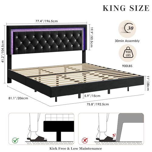 Garvee Floating Bed Frame King Size with Smart Led Lights, Upholstered Platform Bed with Diamond Headboard, Solid Wood Slats Support, No Box Spring Needed, Noise-Free, Easy Assembly, Black Garvee