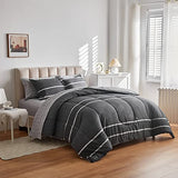 Flysheep 3 Pcs Boho Striped Comforter Set Twin Size for Kids, White Striped on Black Dark Grey Soft Microfiber Reversible Bedding Set for All Season Flysheep