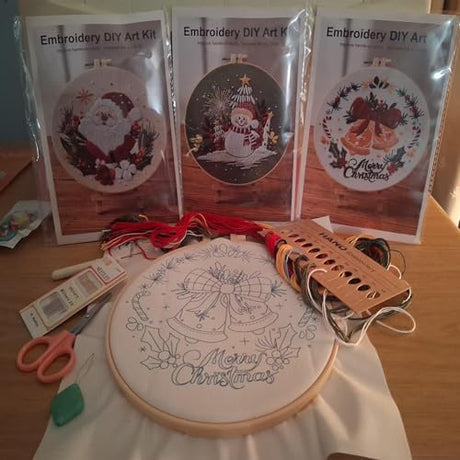Nalexmi 3 Sets Christmas Embroidery Kits for Adults and Beginners, Cross Stitch with (Snowman, Santa Claus, Jingle Bell Patterns) Includes Needles, Threads, Tools Nalexmi