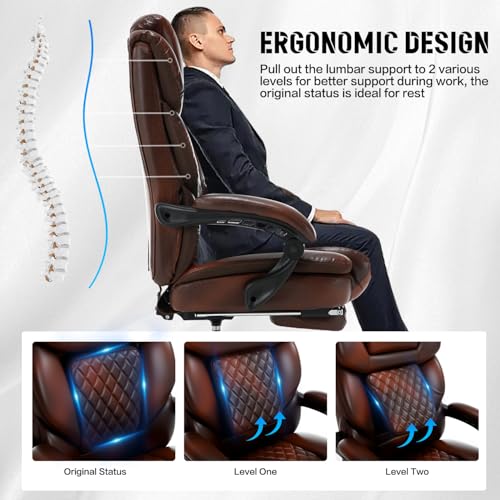 Comermax Heavy Duty Leather Office Chair with Footrest, Wide Seat Big Tall Reclining Office Desk Chair for 500lbs Heavy People, Brown Comermax
