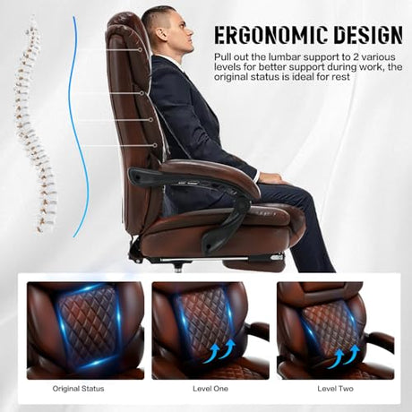 Comermax Heavy Duty Leather Office Chair with Footrest, Wide Seat Big Tall Reclining Office Desk Chair for 500lbs Heavy People, Brown Comermax