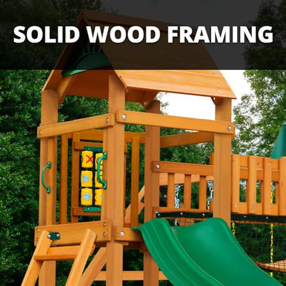 Gorilla Playsets 01-0006-AP Pioneer Peak Wood Swing Set with Wood Roof, Tire Swing, Clatter Bridge and Tower, Ramp, Slide, Two Swings, Amber