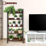 BATHWA 5-Tier Industrial Rustic Ladder Bookshelf - Open Wood and Metal Accent Bookcase BATHWA