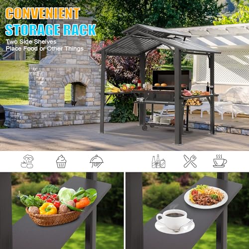 Domi 8x5FT Hardtop Grill Gazebo, Grill Canopy for Outdoor Grill w/Double Galvanized Steel Roof, 2 Side Shelves and Ceiling Hooks, Grill Tent BBQ Gazebo for Patio Garden Backyard, Grey domi outdoor living
