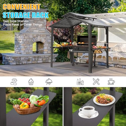 Domi 8x5FT Hardtop Grill Gazebo, Grill Canopy for Outdoor Grill w/Double Galvanized Steel Roof, 2 Side Shelves and Ceiling Hooks, Grill Tent BBQ Gazebo for Patio Garden Backyard, Grey