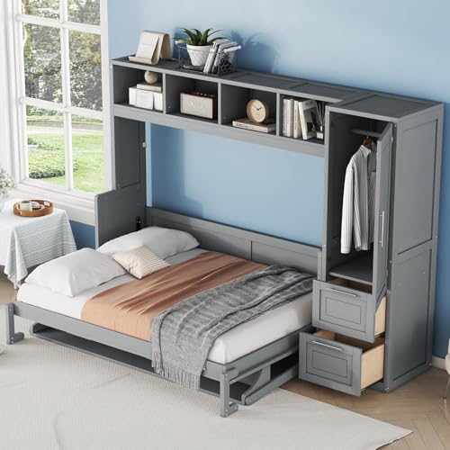 Virubi Full Horizontal Murphy Bed with Storage Wardrobe Closet,2 Drawer,4 Storage Shelves,Wood Folding Murphy Wall Bed Cabinet for Adult (Grey) Virubi