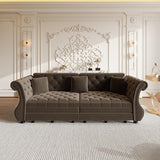 LuxyHoom 97.6'' Sleeper Sofa Bed King Size, Flower Tufted Pull Out Couch, Velvet Chesterfield Futon Couches, Modern 4 Seater Convertible Sofa, 3 Pillows for Living Room, Apartment, Offices, Brown LuxyHoom