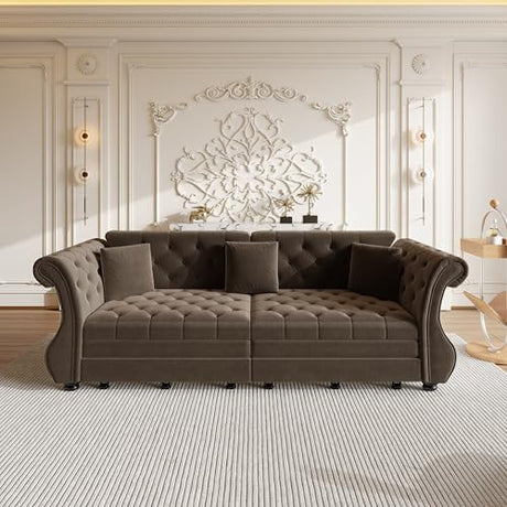 LuxyHoom 97.6'' Sleeper Sofa Bed King Size, Flower Tufted Pull Out Couch, Velvet Chesterfield Futon Couches, Modern 4 Seater Convertible Sofa, 3 Pillows for Living Room, Apartment, Offices, Brown LuxyHoom