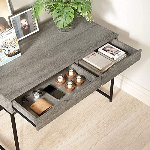 Bestier Rectangular Two Drawer Writing Computer Desk, Modern Engineered Wood Design, Stainless Steel Leg Frames, Modern Industrial Design, Gray Bestier