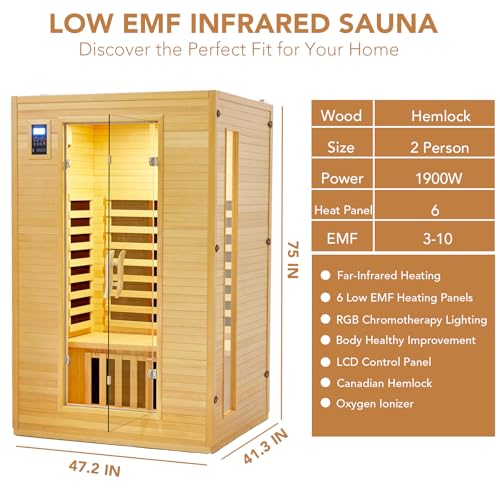 Garvee 2024 Upgrade 2 Person Sauna, 6 Heating Plate Infrared Physical Therapy Wooden Dry Steam Sauna, Low EMF, MP3 Auxiliary Connection, Dual Controls Inside and Outside Fits, Home Spa Day Use Garvee