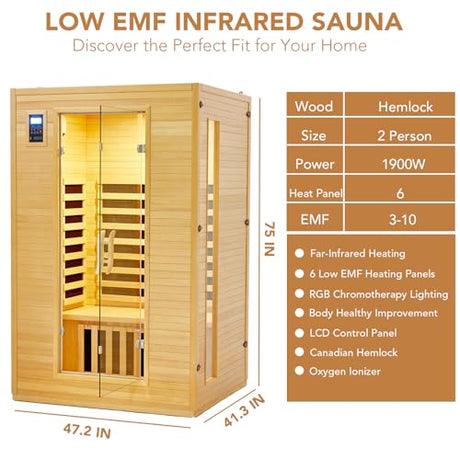 Garvee 2024 Upgrade 2 Person Sauna, 6 Heating Plate Infrared Physical Therapy Wooden Dry Steam Sauna, Low EMF, MP3 Auxiliary Connection, Dual Controls Inside and Outside Fits, Home Spa Day Use Garvee