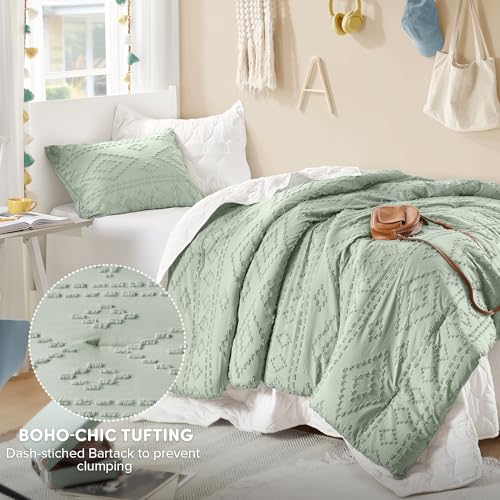 Comfort Spaces Twin/Twin XL Comforter Set for College Tufted Boho Dorm Comforter Set Twin XL Size, All Season Lightweight Bedding Set Soft, Matching Sham Sage Green 2 Piece Comfort Spaces