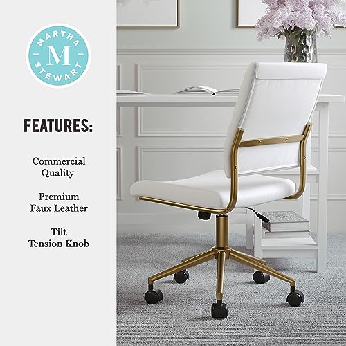 Martha Stewart Ivy Armless Swivel Task Chair for Home Office in White Faux Leather with Polished Brass Frame Martha Stewart