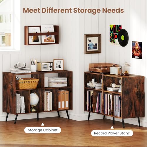 Giantex Large Record Player Stand with Charging Station, Turntable Stand Holds Up to 300 Albums, Record Player Table with Raised Leg, Vinyl Record Storage for Living Room (Rustic Brown) Giantex