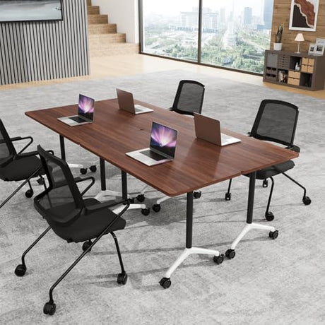 Conference Table, Folding Conference Room Tables, Foldable Conference Table with Locking Wheels, Mobile Seminar Training Tables for Office, Meeting Room, Classr (4, Walnut, 47.2in) Generic