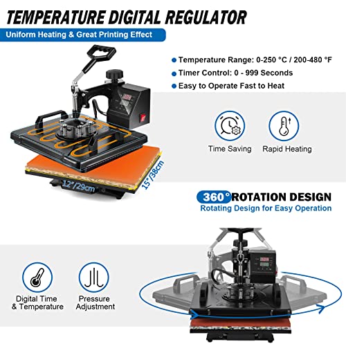 TOPDEEP 5 in 1 Heat Press Machine, 12x15 inch Swing Away Heat Press for Sublimation, T Shirt Pressing Machine Multifunction, Heat Press Transfer Machine Combo for T-Shirt Hat Cap Mug Plate Cap Topdeep