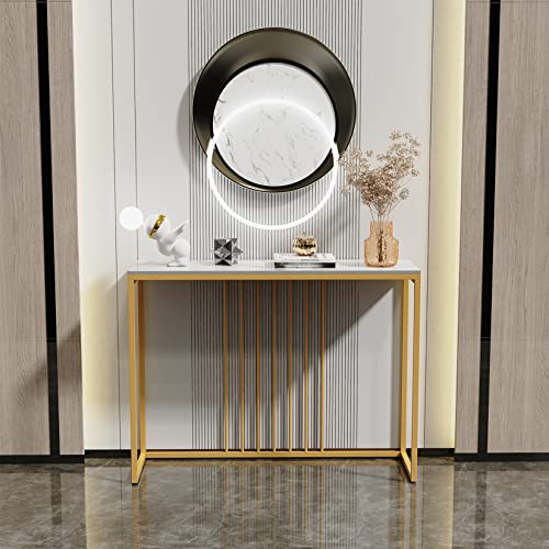 Wisfor Sintered Stone Console Table: White Entryway Table with Golden Frame - Modern Narrow Table Behind Sofa - Long Table for Hallway Foyer, 39.4x11.8x30.9 inch Wisfor