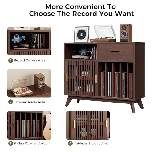 IRONCK Large Record Player Stand, 500+ Vinyl Record Storage Cabinet with Drawer, Record Player Table with Sliding Door & Flip-Top, Mid-Century Modern Turntable Stand for Living Room, Red Walnut IRONCK