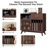 IRONCK Large Record Player Stand, 500+ Vinyl Record Storage Cabinet with Drawer, Record Player Table with Sliding Door & Flip-Top, Mid-Century Modern Turntable Stand for Living Room, Red Walnut IRONCK