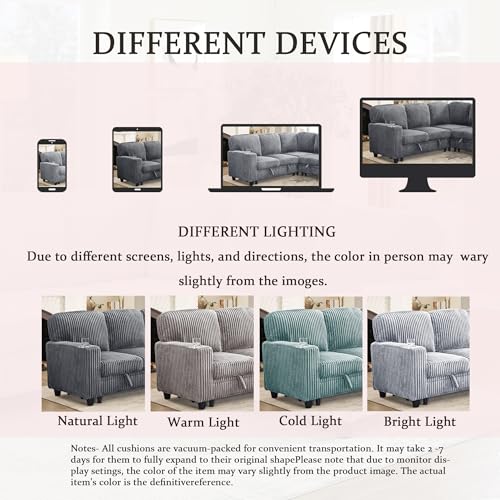 Ball & Cast L-Shaped Sleeper Sofa Bed,5 Seater Sectional Couch with Pull Out Bed and USB Charging,Cupholders & Storage Seats,Convertible Sofa Bed for Living Room,Apartment,Corduroy Fabric,Gray,81" Ball & Cast