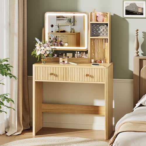 Memobarco Fluted Vanity Desk with Mirror and Lights, Small Makeup Vanity with 2 Drawers and Jewelry Storage Cabinet, 3 Lighting Modes Adjustable Brightness, Dressing Table for Bedroom - Natural Oak Memobarco