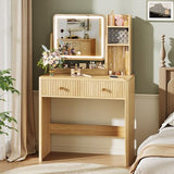 Memobarco Fluted Vanity Desk with Mirror and Lights, Small Makeup Vanity with 2 Drawers and Jewelry Storage Cabinet, 3 Lighting Modes Adjustable Brightness, Dressing Table for Bedroom - Natural Oak Memobarco