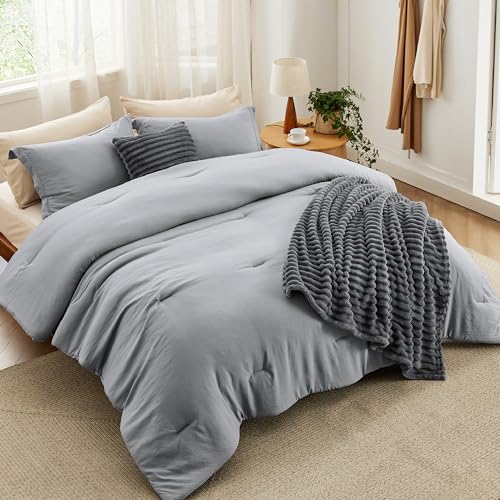 Bedsure Full Comforter Set 5 Pieces - Bed in a Bag with Fleece Throw Blanket and Decorative Pillow, Lightweight Bedding Comforter Sets, All Season Bedding, Dark Grey Bedsure