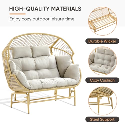 Patio Chairs Outdoor Egg Chair - 2 Person Wicker Rocking Glider Chair Rattan Patio Lounge Rocker Chairs with Cushion and Pillow for Outside Porch Deck Backyard Garden(Yellow/Beige)